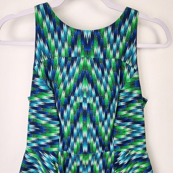 Milly Green Blue Novelty Peplum Sheath Dress Size 4 Mod 60s Retro Designer - Picture 3 of 7